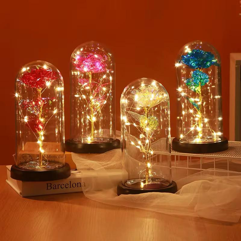 Artificial Flowers LED Red Rose Creative Valentine's Day Gift Rose in Glass Cover with Stand Light Up Rose Wedding Galaxy Rose