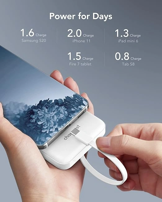 Portable Charger with Cords Wires Slim 10000mAh Travel Battery Pack 6 Outputs 3 Inputs 3A Fast Charging