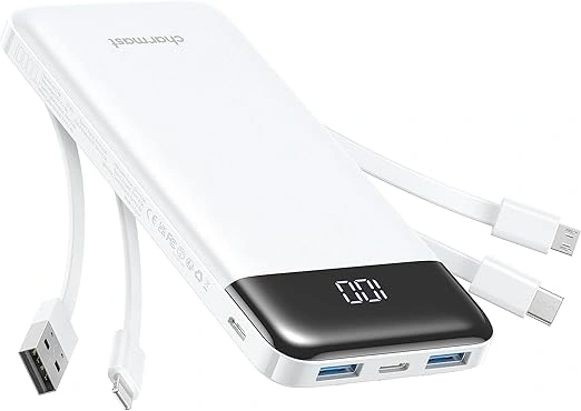 Portable Charger with Cords Wires Slim 10000mAh Travel Battery Pack 6 Outputs 3 Inputs 3A Fast Charging